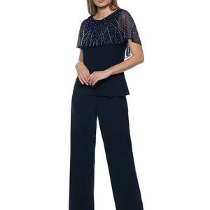 Mother of the Bride Beaded Capelet Sleeve Round Neck 2-Piece Pant Set Size 12